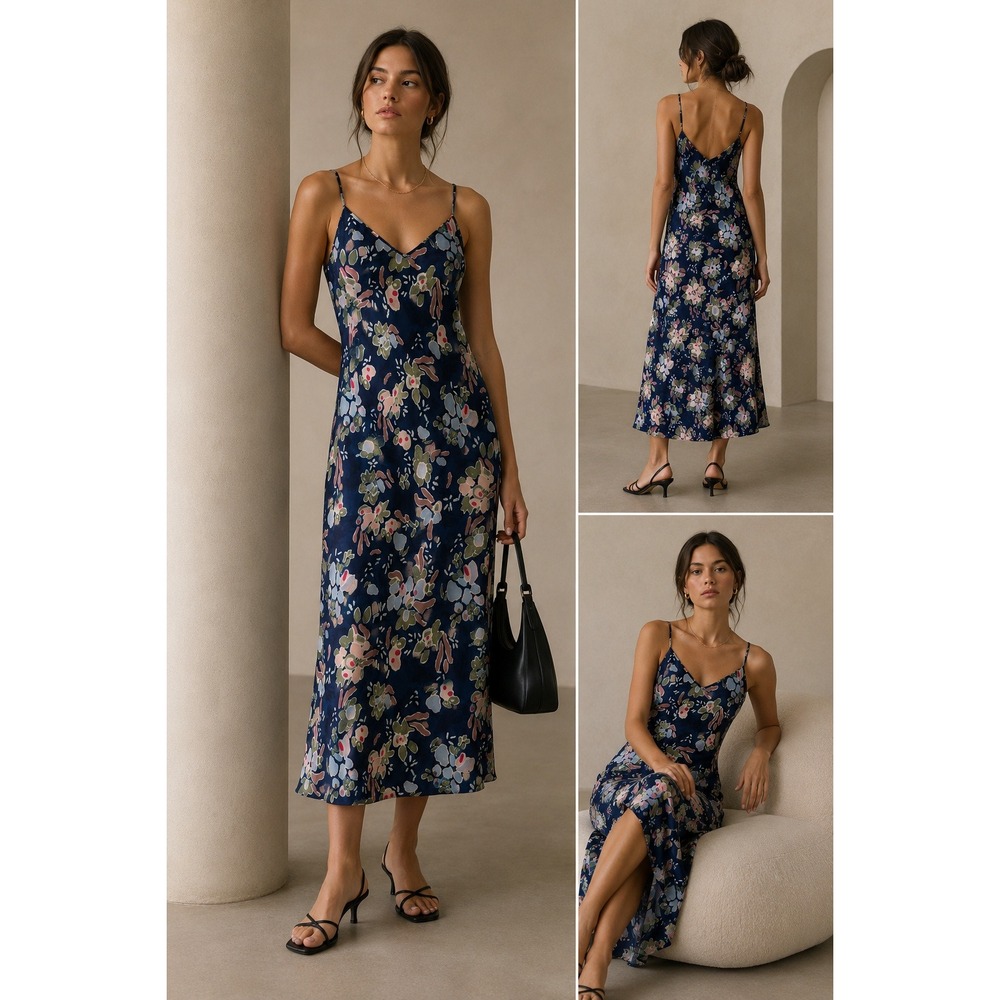 Wilfred Aritzia Floral Slip Dress Navy Satin Cami Blue Midi Cottagecore Size S